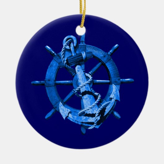 青く航海のな船車輪およびいかり セラミックオーナメント (正面)