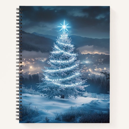 青く輝く冬の夜のクリスマスツリー ノートブック (正面)