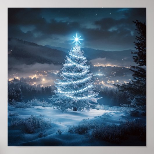 青く輝く冬の夜のクリスマスツリー ポスター (正面)
