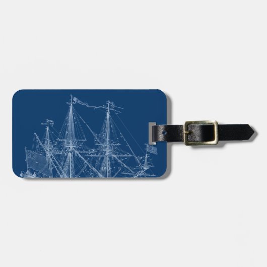青く高い帆船の青写真 ラゲッジタグ (正面横)