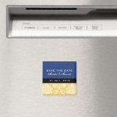 青く黄色いダマスク織の保存日付の磁石 マグネット (インサイチュ (食洗機))