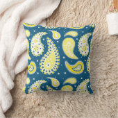 青く黄色いペイズリーパターン装飾的な枕 クッション (ブランケット)