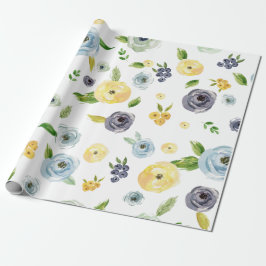 青く黄色い水彩画のバラの春の庭園の結婚式 ラッピングペーパー