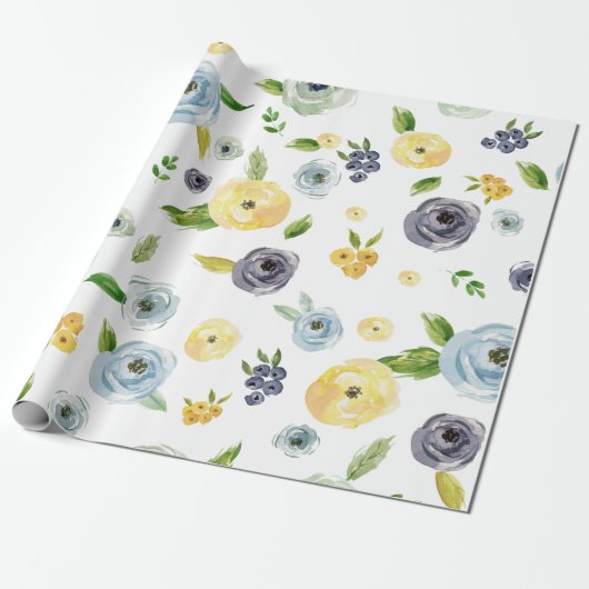 青く黄色い水彩画のバラの春の庭園の結婚式 ラッピングペーパー (アンロールド)