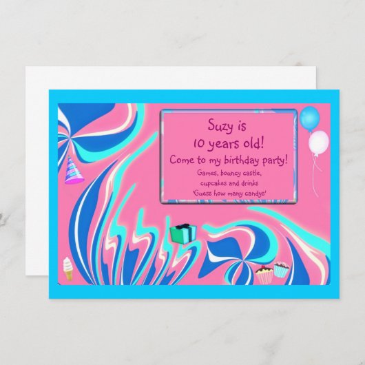 青く、ピンクおよび水のファンタジー 招待状 (正面/裏面)