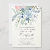 青く、ピンクのシャクヤクバルミツワー 招待状 (正面)