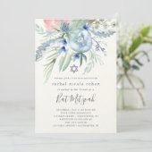 青く、ピンクのシャクヤクバルミツワー 招待状 (スタンド正面)