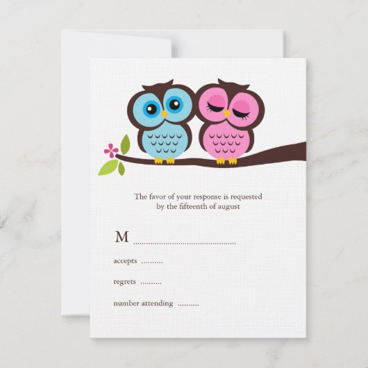 青く、ピンクのフクロウの結婚 出欠カード (正面)