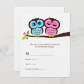 青く、ピンクのフクロウの結婚 出欠カード (正面/裏面)