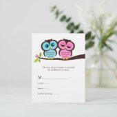 青く、ピンクのフクロウの結婚 出欠カード (スタンド正面)