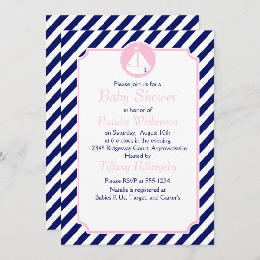 青く、ピンクのヨットのベビーシャワー 招待状 (正面/裏面)