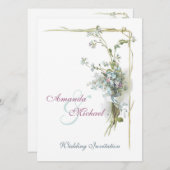 青く、ピンクのヴィンテージの花の結婚 招待状 (正面/裏面)