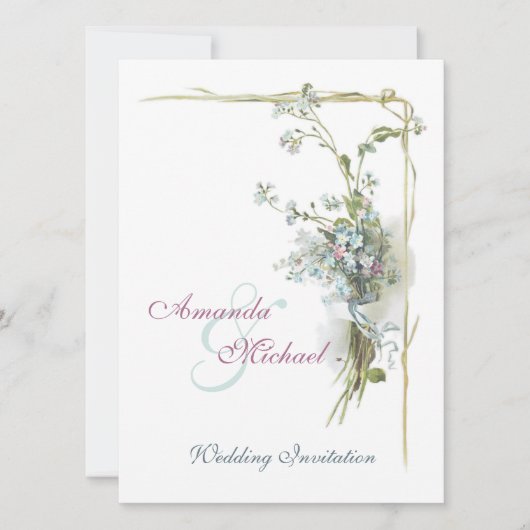 青く、ピンクのヴィンテージの花の結婚 招待状 (正面)