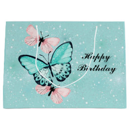 青く、ピンクの蝶の集り ラージペーパーバッグ