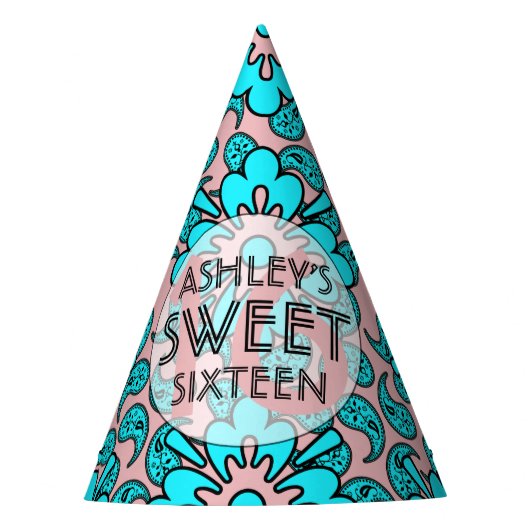 青く、ピンク幸せな菓子16の誕生会 パーティーハット (正面)