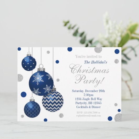 青く、銀製のつまらないもののクリスマスのパーティの招待状 招待状 (スタンド正面)