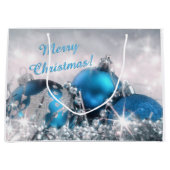青く、銀製のクリスマスの大きいギフトバッグ ラージペーパーバッグ (正面)