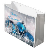 青く、銀製のクリスマスの大きいギフトバッグ ラージペーパーバッグ (正面アングル)