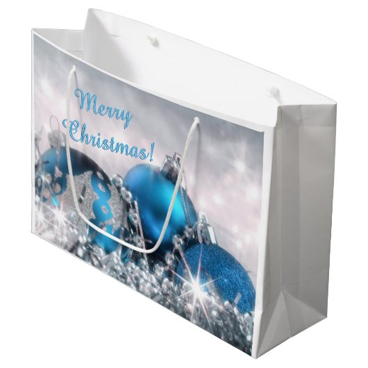 青く、銀製のクリスマスの大きいギフトバッグ ラージペーパーバッグ (正面アングル)