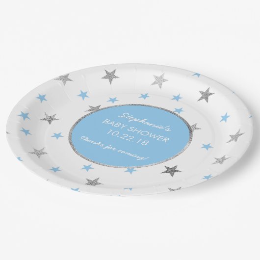 青く、銀製の星のきらめきのベビーシャワーの装飾 ペーパープレート (アングル)
