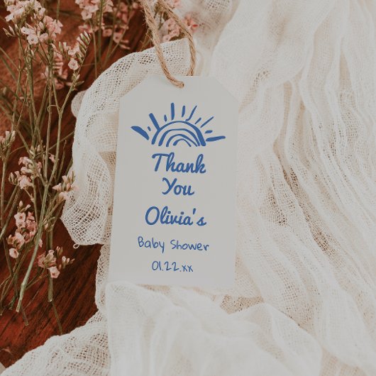 青ここ来で息子の手の赤ん坊シャワー ギフトタグ