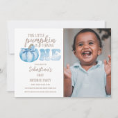 青この小さなカボチャ写真1st誕生日パーティー 招待状 (正面)