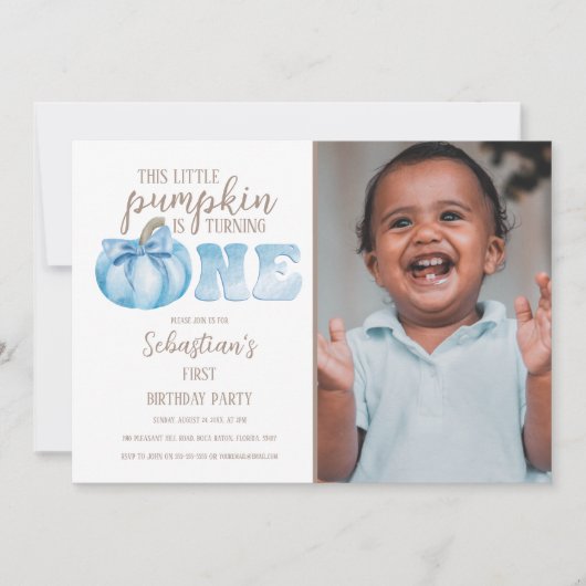青この小さなカボチャ写真1st誕生日パーティー 招待状 (正面)