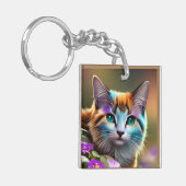 青さび色の三毛猫と花 キーホルダー (正面左)