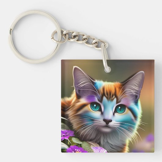 青さび色の三毛猫と花 キーホルダー (正面)