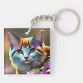 青さび色の三毛猫と花 キーホルダー (裏面)