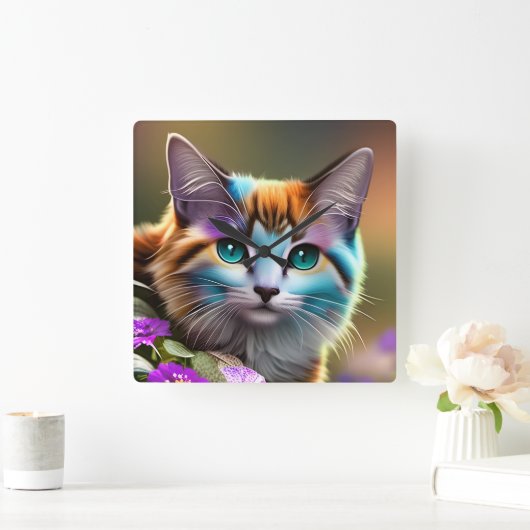 青さび色の三毛猫と花 スクエア壁時計 (ホーム)