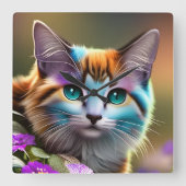 青さび色の三毛猫と花 スクエア壁時計 (正面)