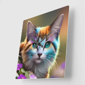 青さび色の三毛猫と花 スクエア壁時計 (傾斜)