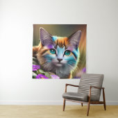 青さび色の三毛猫と花 タペストリー (インサイチュ)