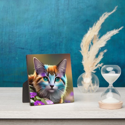 青さび色の三毛猫と花 フォトプラーク (インサイチュ)