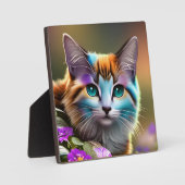 青さび色の三毛猫と花 フォトプラーク (正面)