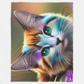 青さび色の三毛猫と花 フリースブランケット (正面)