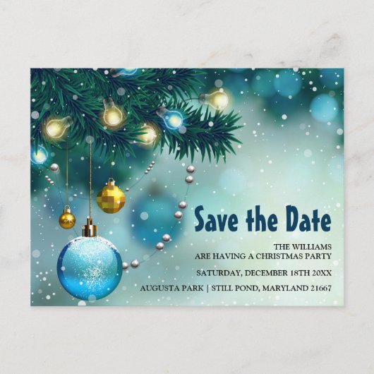 青すてきと金ゴールドのクリスマス日付を保存 インビテーションポストカード (正面)