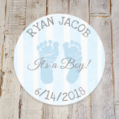 青その男の子の足跡ベビーシャワーステッカー ラウンドシール