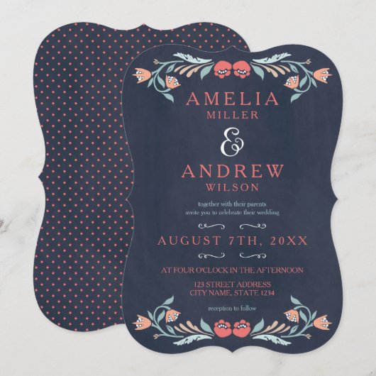 青っぽい黒板エレガントな花のウェディング 招待状 (正面/裏面)