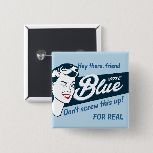 青で投票 |レトロ おもしろい |四角形 缶バッジ (正面&裏面)