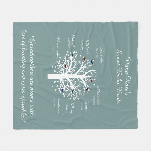 青で白い祖母の木、8つの名前及び日付 フリースブランケット (正面(横))