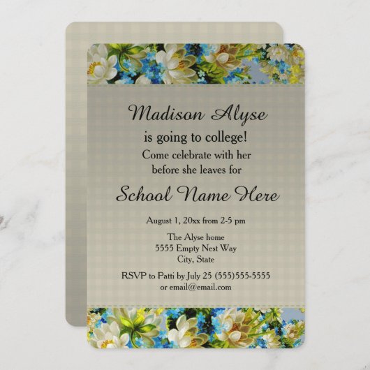 青とかわいらしクリームのフローラ「大学へ行く」 招待状 (正面/裏面)