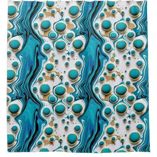 青とかわいらし金ゴールドの流体アートカスケーディングウォーター シャワーカーテン (正面)