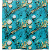 青とかわいらし金ゴールドの流体アート抽象芸術バブル シャワーカーテン (正面)