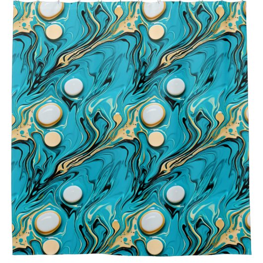 青とかわいらし金ゴールドの流体アート抽象芸術バブル シャワーカーテン (正面)