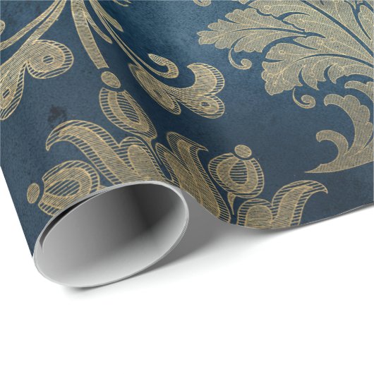 青ときらめく金ゴールドのヴィンテージダマスク ラッピングペーパー (ロールコーナー)