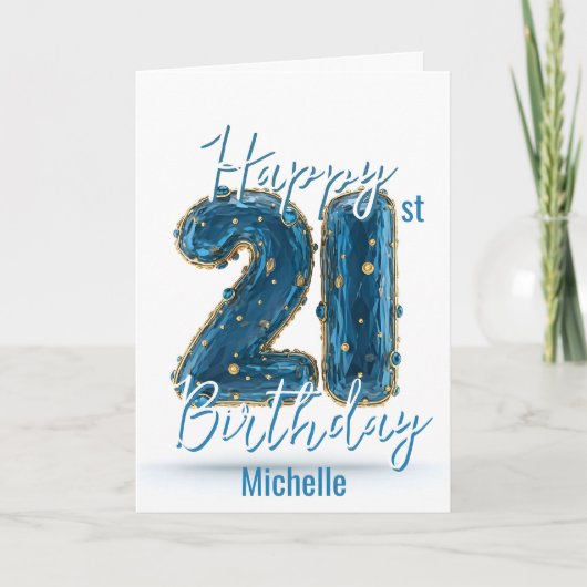 青ときらめく金ゴールドアクセント21st誕生日 カード (正面)