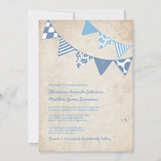 青とアイボリーのおもしろいフラグ結婚式招待状 招待状 (正面)