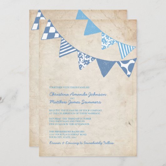 青とアイボリーのおもしろいフラグ結婚式招待状 招待状 (正面/裏面)